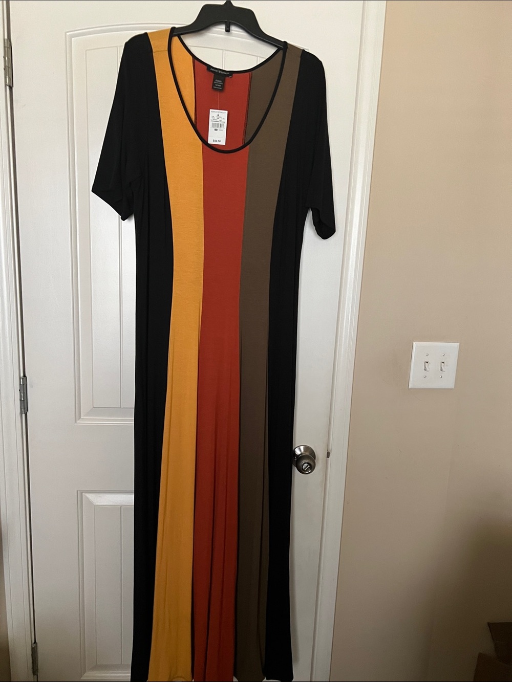 Ashley Stewart Black Maxi Dress with Mustard, Rust & Brown Colorblocks